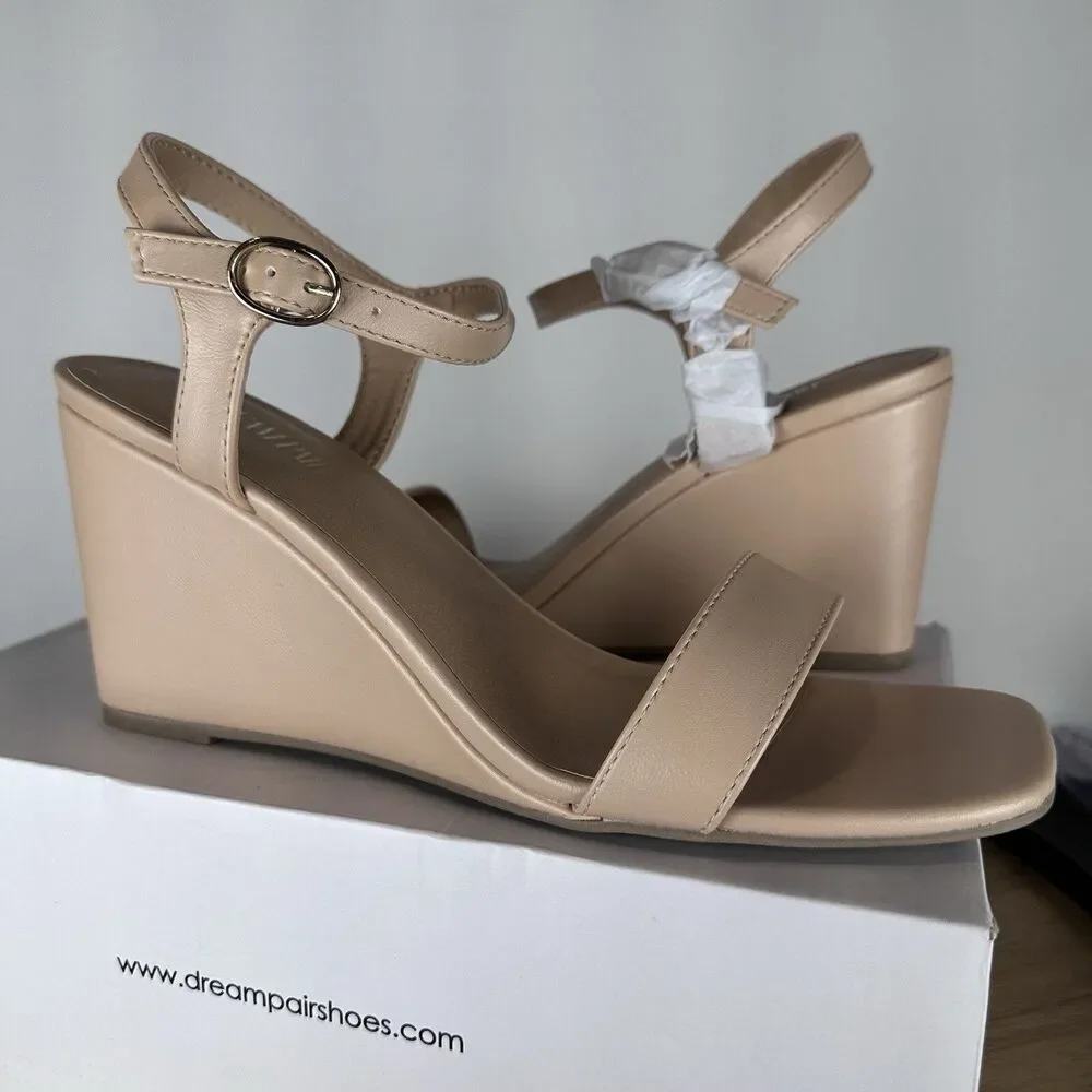 Dream Pairs Womens Open Toe Strappy Wedge Heel Sandals  SDPW224W Nude Size 10